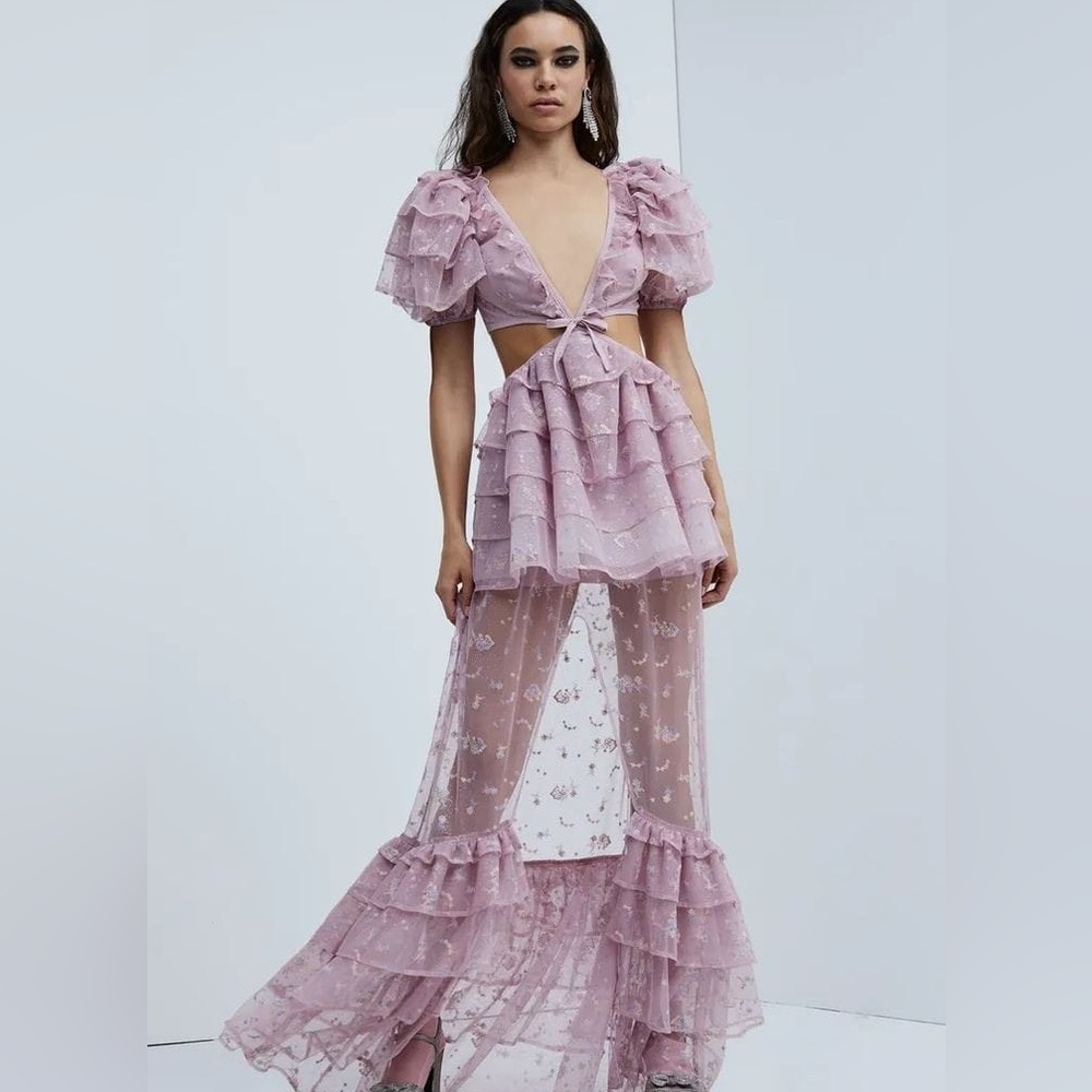 Elegant Sheer Ruffle Dress in Lavender - Imani Hi-Low Dress - Worn once